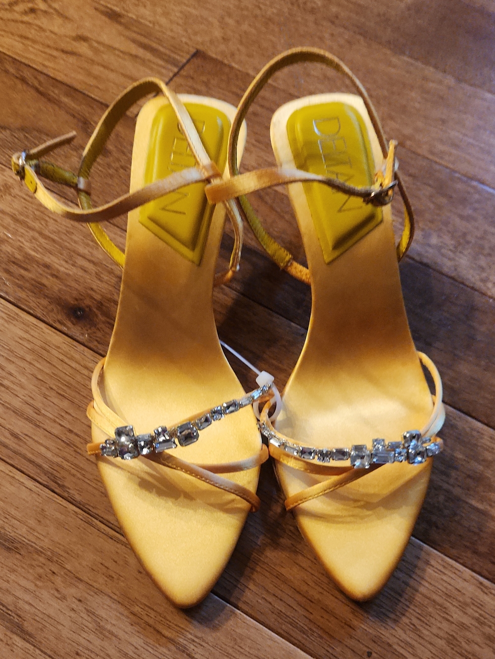 Yellow Satin Strappy Heels with Crystal Accent by DILLON Size 8